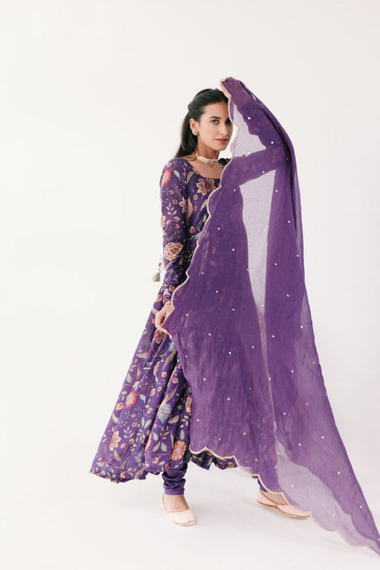 Purple printed Anarkali with Chooridar and Dupatta- set of 3