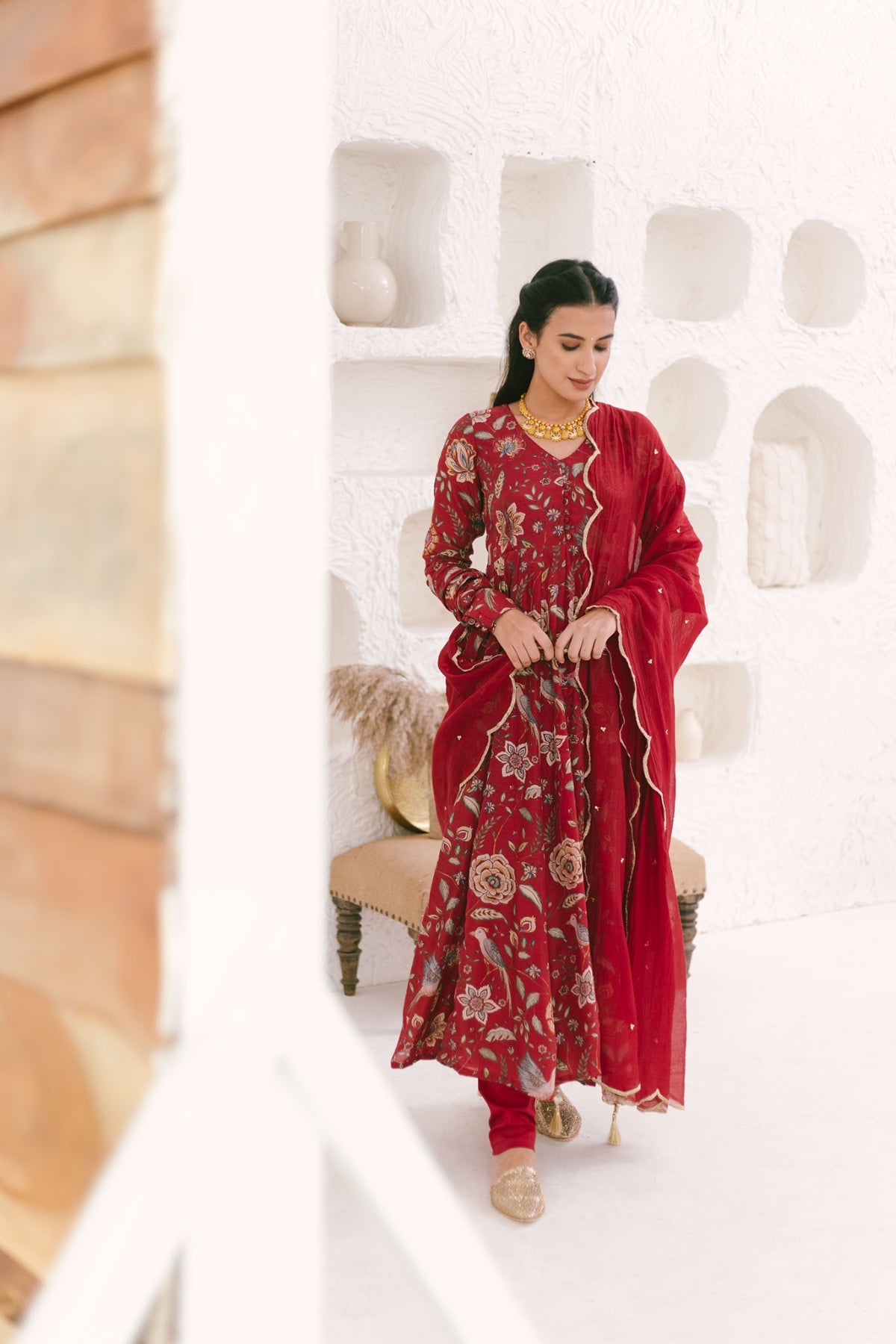 Deep Red printed Anarkali with Chooridar and Dupatta- set of 3