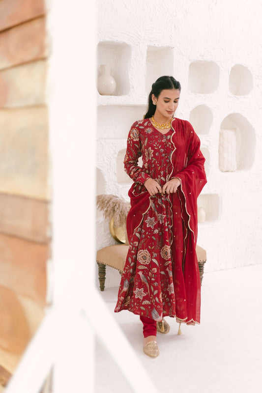 Deep Red printed Anarkali with Chooridar and Dupatta- set of 3
