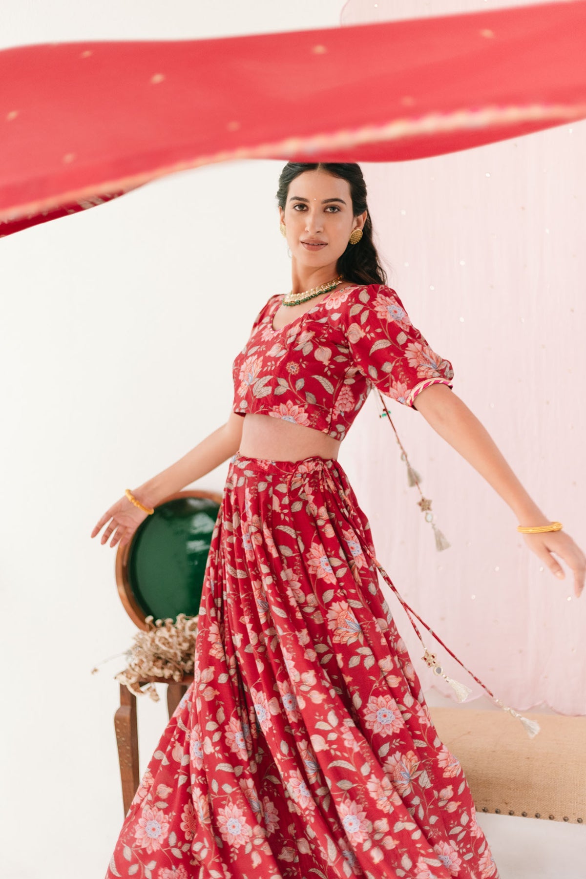 Red Floral print Lehenga with Floral print Blouse and Dupatta - set of 3