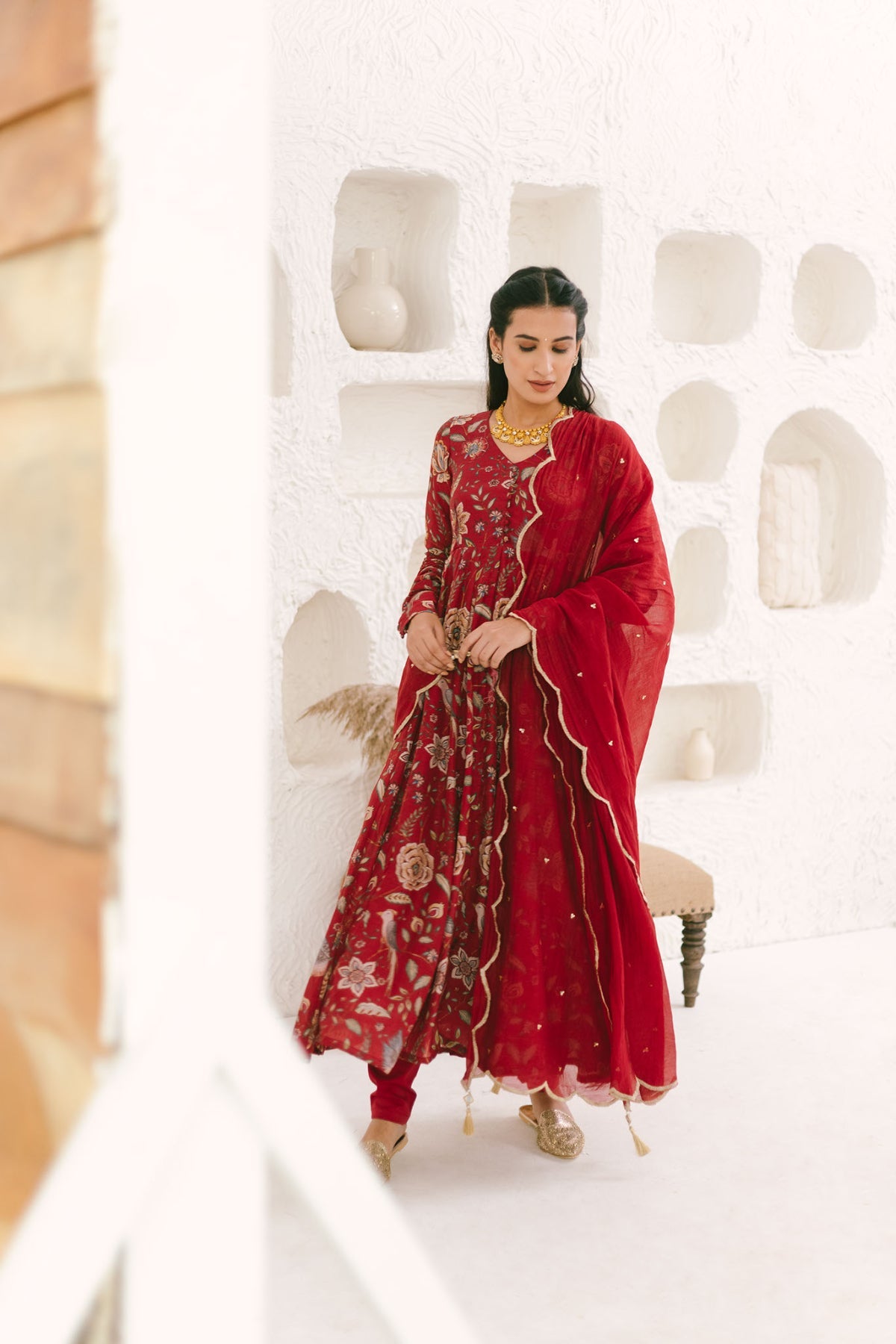 Deep Red printed Anarkali with Chooridar and Dupatta- set of 3