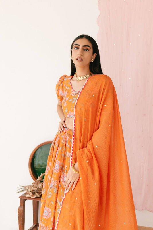 Orange Floral print Lehenga with Floral print Blouse and Dupatta - set of 3