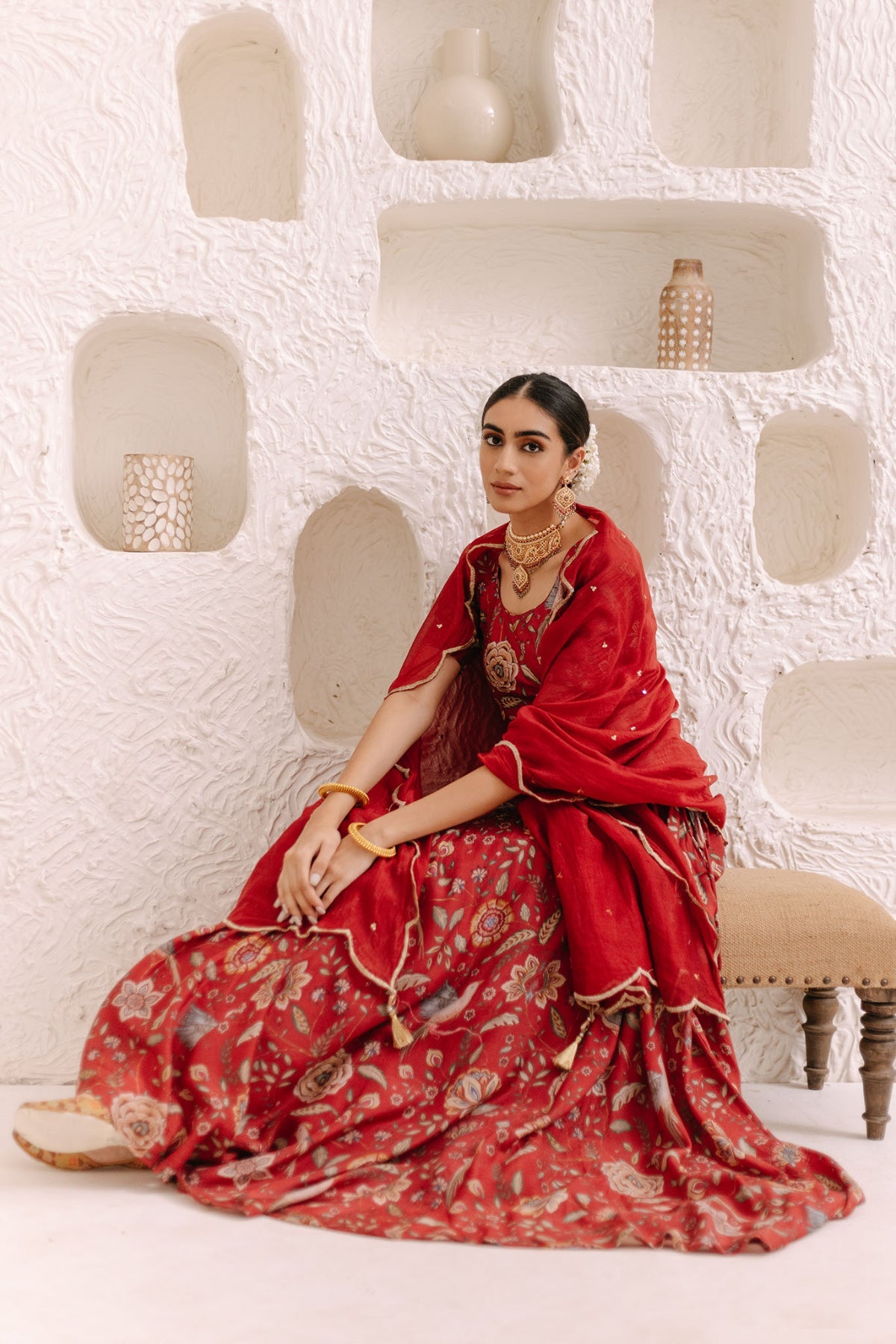 Deep Red Floral print Lehenga with Floral print Blouse and Dupatta - set of 3