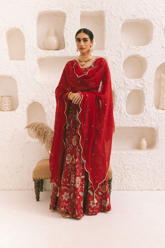 Deep Red Floral print Lehenga with Floral print Blouse and Dupatta - set of 3