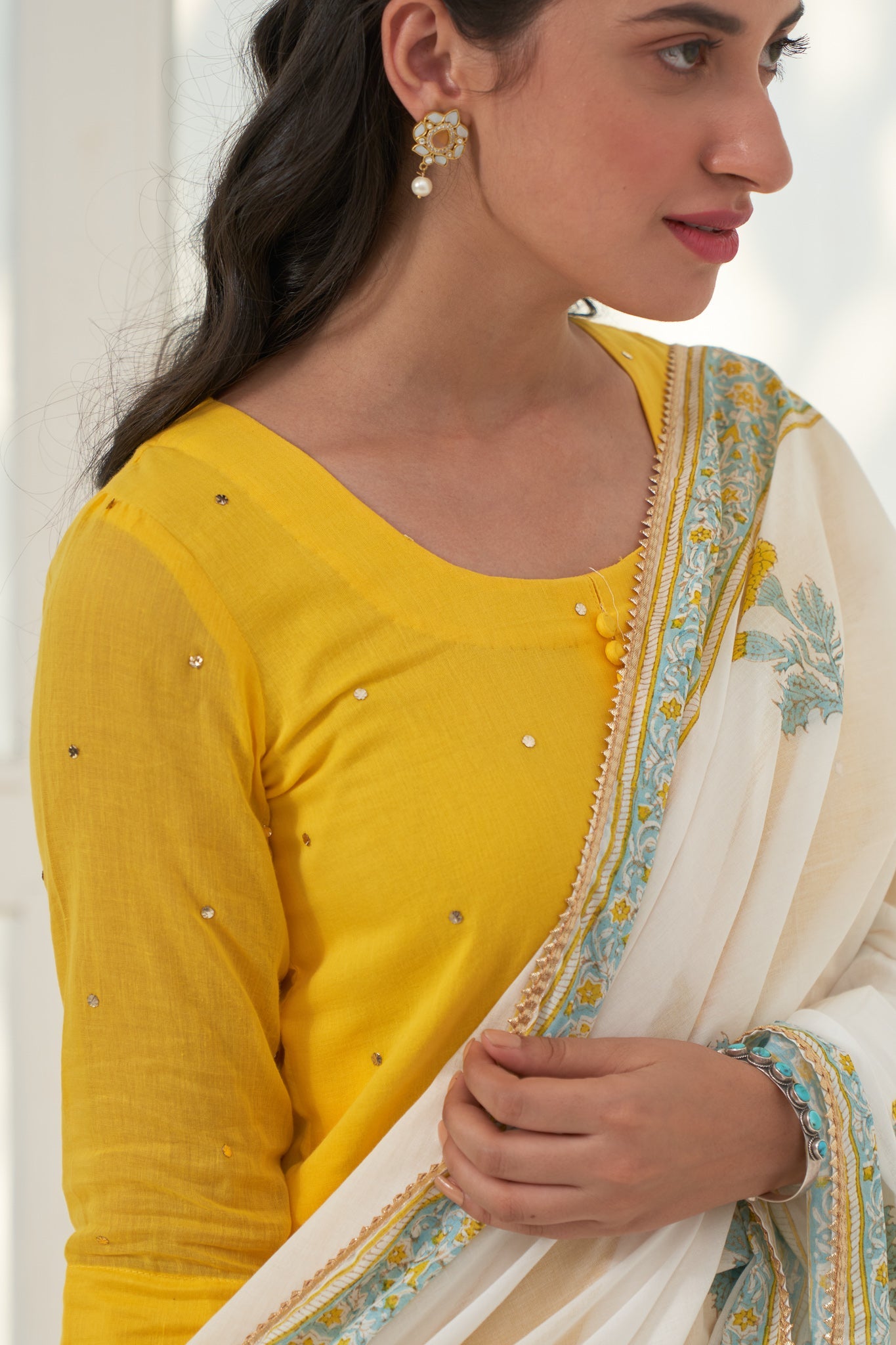 Yellow Mukaish Cotton Kurta With Marigold Block Printed Sharara- Set Of 3