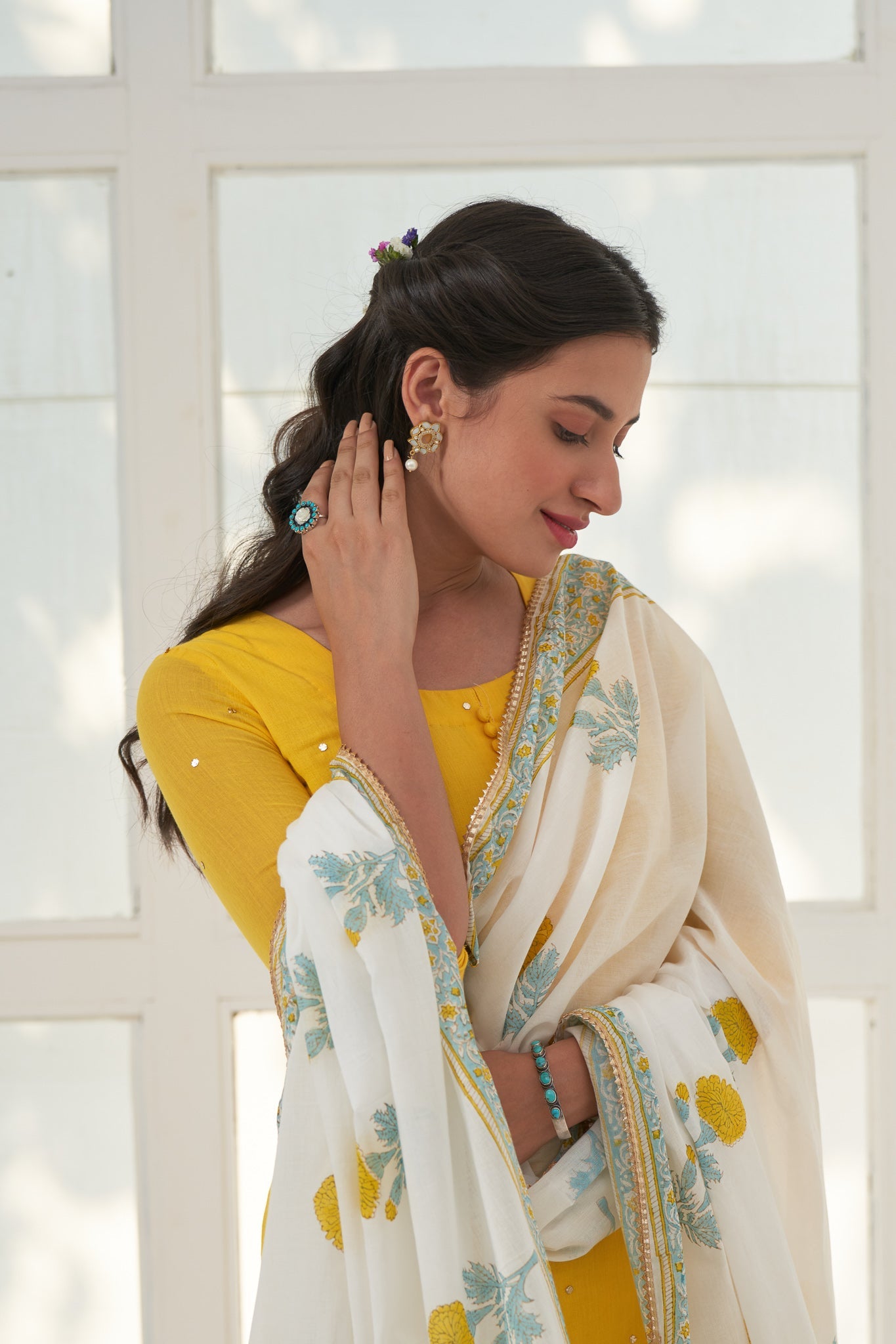 Yellow Mukaish Cotton Kurta With Marigold Block Printed Sharara- Set Of 3