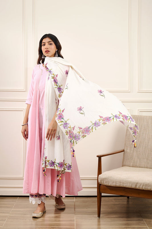 Gul Pink Cotton Kalidar Gota Kurta with Off White Hand Block Printed Palazzo and Mulmul Dupatta- Set of 3