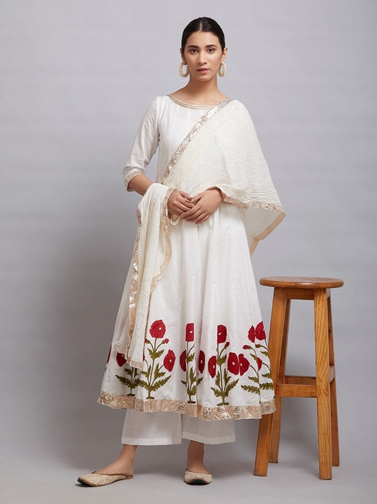 OffWhite Red Hand Block Printed Cotton Anarkali Kurta with Palazzo and Chanderi Crushed Dupatta- Set of 3
