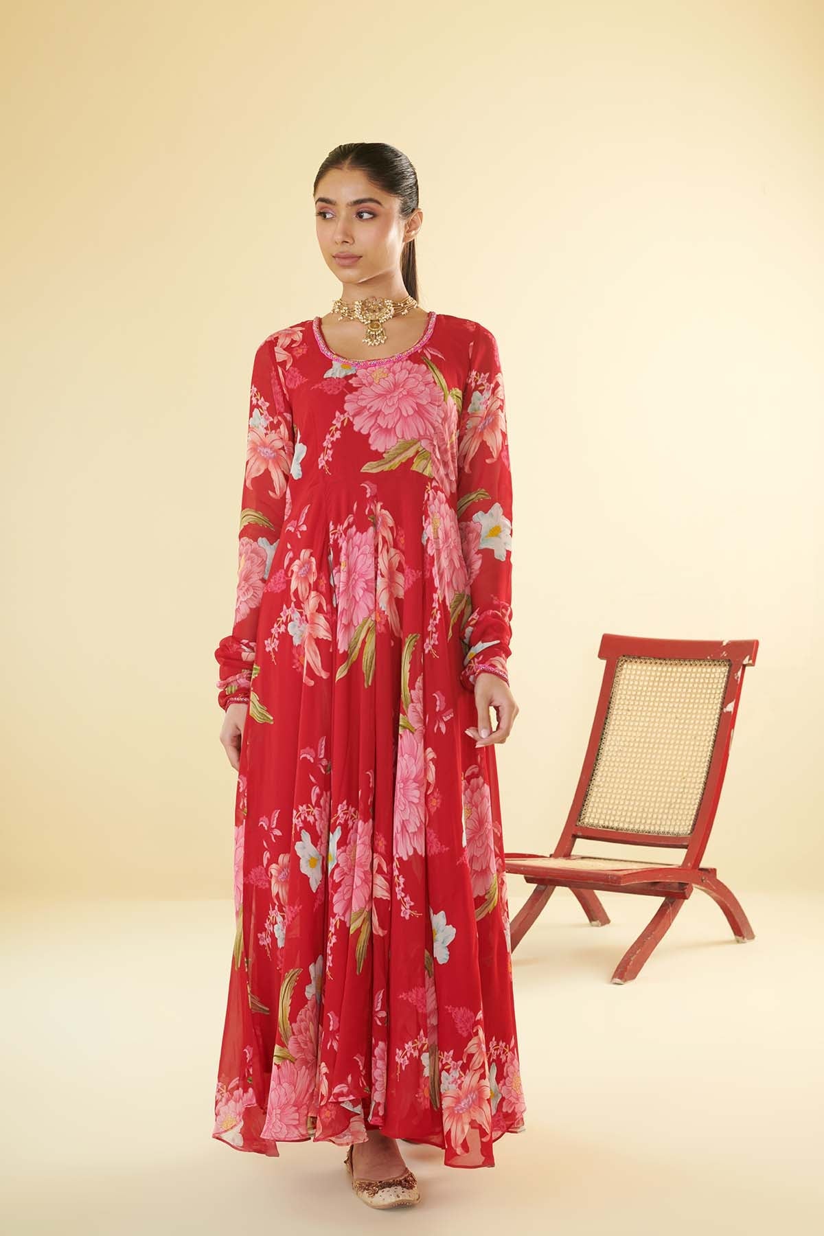 Floral Fiesta Red printed Anarkali with Chooridar and Dupatta- Set of 3