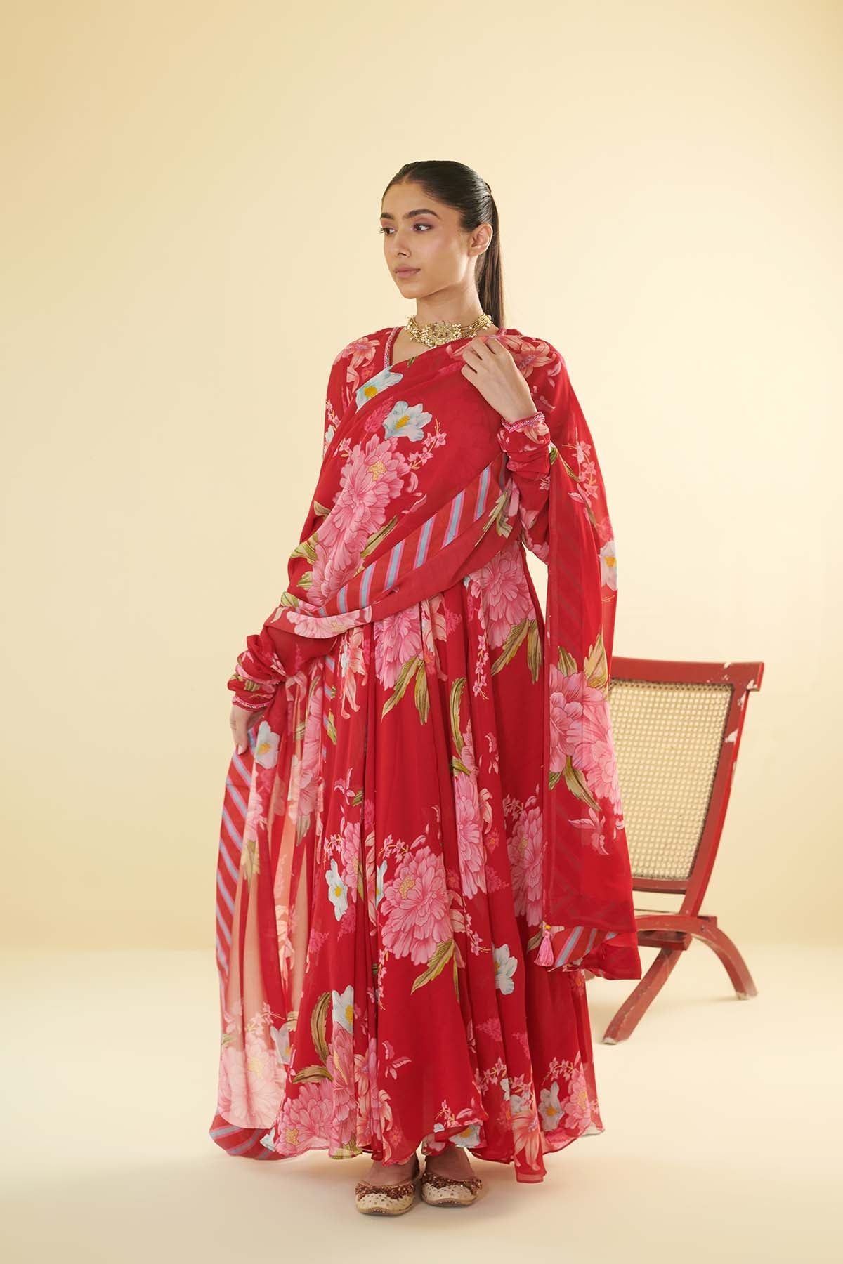 Floral Fiesta Red printed Anarkali with Chooridar and Dupatta- Set of 3
