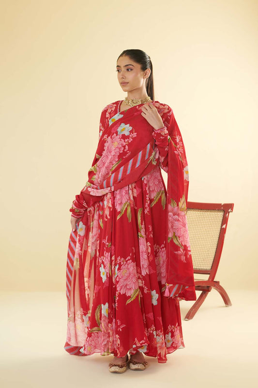 Floral Fiesta Red printed Anarkali with Chooridar and Dupatta- Set of 3