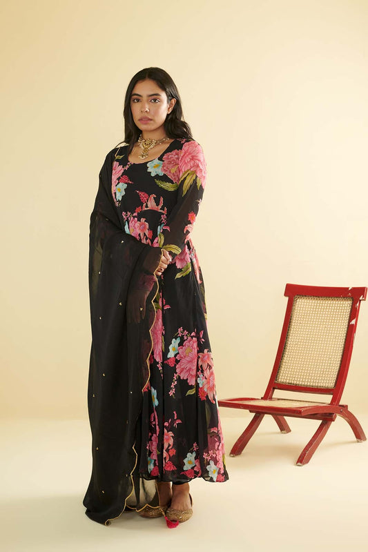 Floral Fiesta Brown printed Anarkali with Chooridar and Dupatta- Set of 3