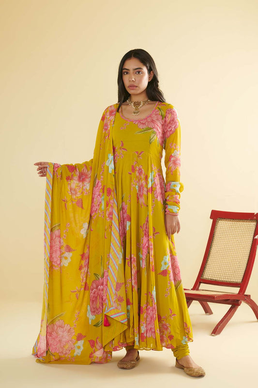 Floral Fiesta Lime Green printed Anarkali with Chooridar and Dupatta- Set of 3