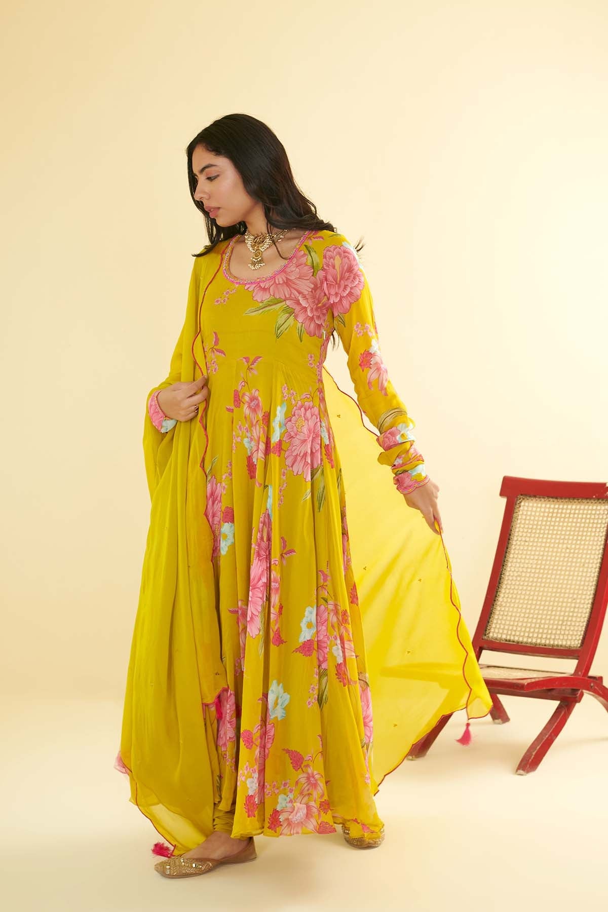 Floral Fiesta Lime Green printed Anarkali with Chooridar and Dupatta- Set of 3